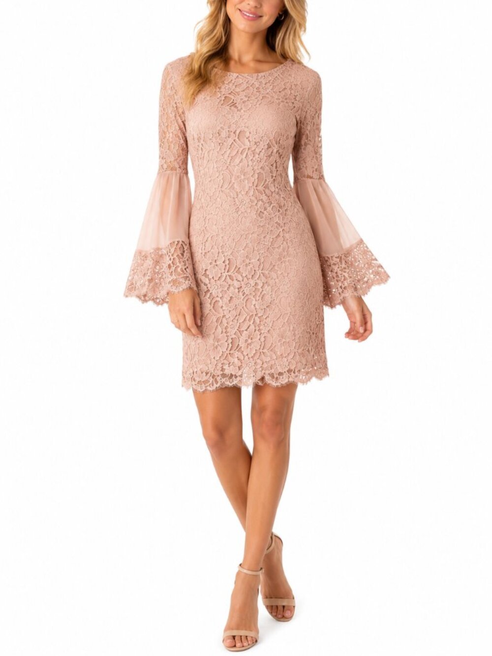 Venus All Lace‎ Blush / Nude Pink Bell Sleeve Dress 8